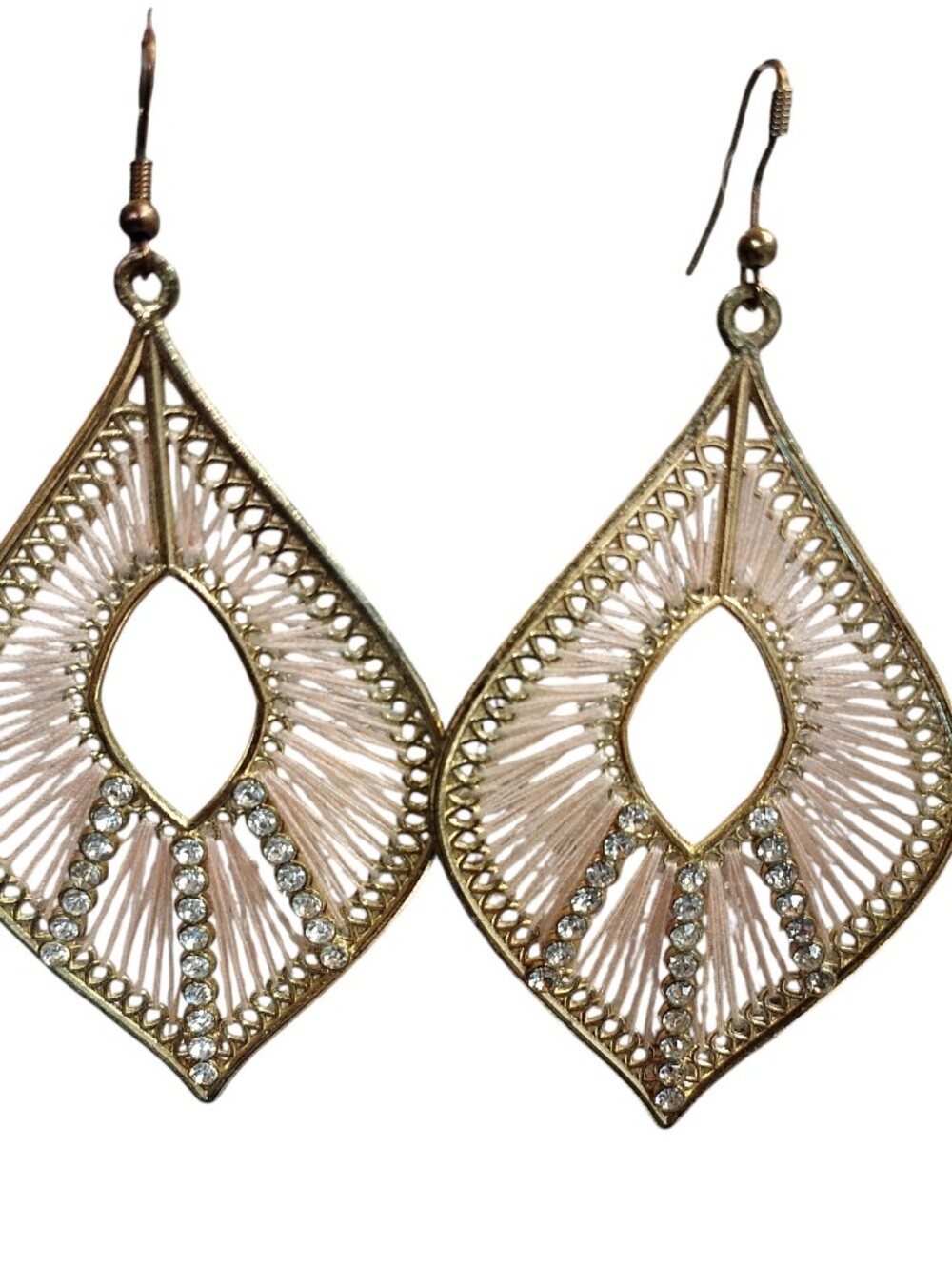 Gold-Tone BeigeThread & Crystal Teardrop Earrings